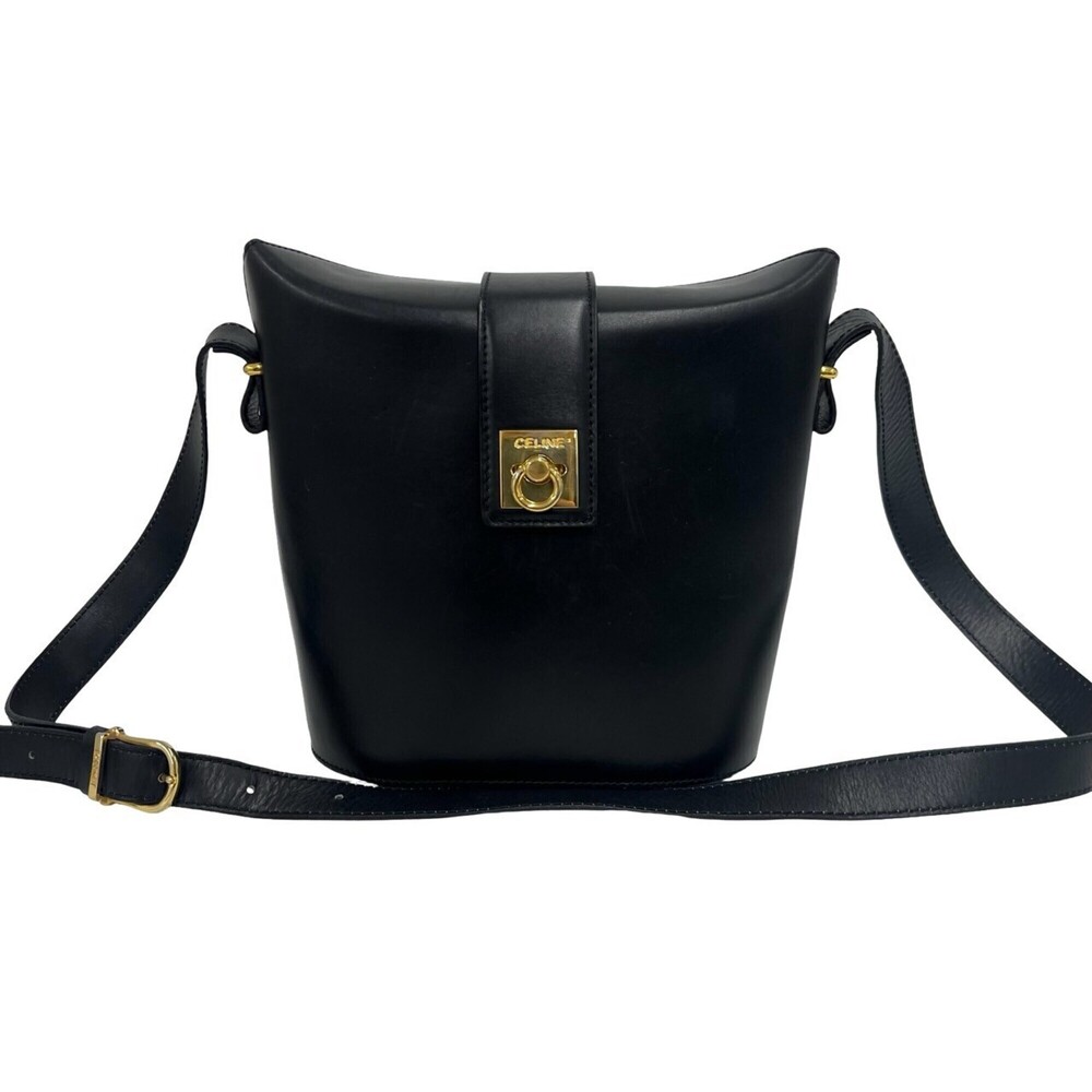 CELINE Vintage Logo Ring Hardware Calf Leather Genuine Shoulder Bag Pouch Bla...